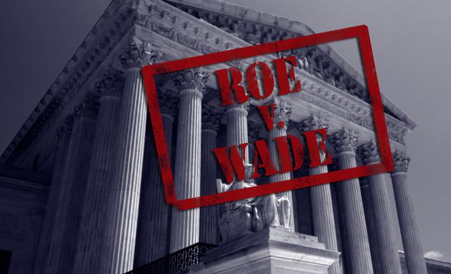 U.S. Supreme Court building in background with red stamp in the foreground that has "ROE V. WADE" written on it.