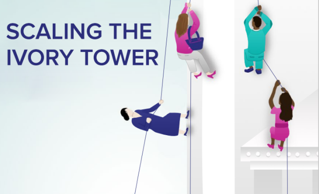 Illustration of women and men in professional clothing scaling a tower with "Scaling the Ivory Tower" written on it