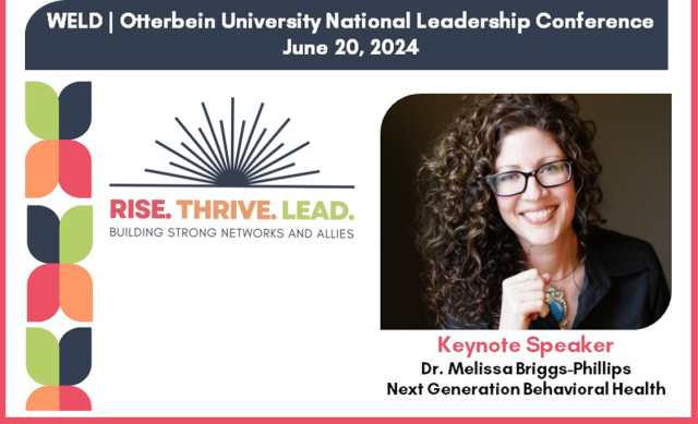 Photo of Keynote Speaker Dr. Melissa Briggs-Phillips from Next Generation Behavior Health with "WELD | Otterbein 2024 National Leadership Conference June 20, 2024" written
